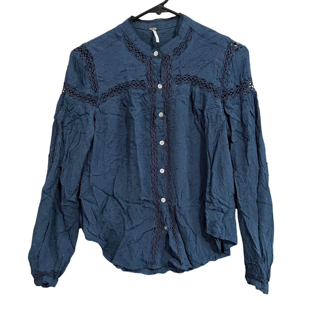 Free People Womens Shirt Blue Button Down Popcorn 100% Rayon XSmall